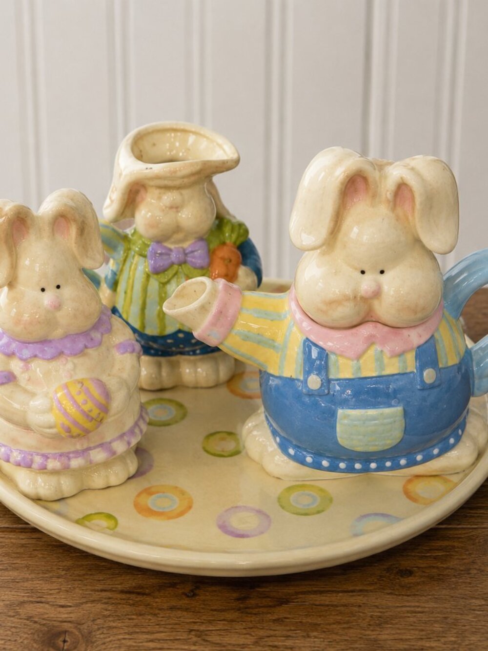 Easter Bunny Teapot Set Ceramic Pastel Rabbit Tray Creamer Spring Holiday Decor